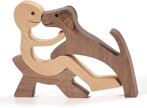 Statue in legno fatte a mano | Figure in legno della famiglia di cani | Un regalo caldo per gli amanti dei cani | Carino Cucciolo Ornamento Figurina Statua Scultura (A - Uomo/Cane)