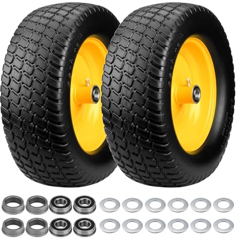 2 Pack 15x6.00-6 Flat Free Lawn Mower Tire And Wheel, Solid 15x6.00-6 Tire | With 3 Centered Hub For John Deere/Husqvarna/Craftsman Riding Mower, Lawn Tractor, With 3/4& 5/8 Bearings & 1 Bushings