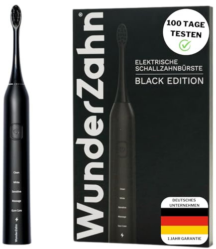 WunderZahn Elektrische Schallzahnbürste Clean Pro ALL BLACK 100 Tage risikofrei testen | Smarter 2 Min.-Timer | 3x Bürstenkopf | Zahnbürste mit 5 Putzprogrammen | 6 Wochen Akku