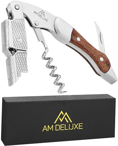 AM DELUXE Korkenzieher Weinöffner - Professionelles Werkzeug für Server Barkeeper Kellner Edelstahl - Holzeinlage, Folienschneider, Bierdeckelentferner, Geschenkbox (Edelstahl mit Palisandereinlage)