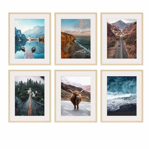 PHOTOLINI Marcos 40x50 cm madera MDF natural, set de 6 marcos para pósteres con paspartú 30x40 cm, cristal acrílico, para colgar y poner de pie, incluye accesorios - para fotos, láminas y pósteres