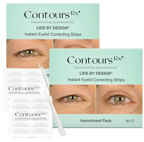 Contours Rx Lids by Design Eyelid Lift Strips with Travel Case and Tweezers - Invisible Eyelid Tape for Hooded Eyes - a Youthful-Looking Appearance - 2 Pack - 160 CT (Assortment Pack (4-7mm))