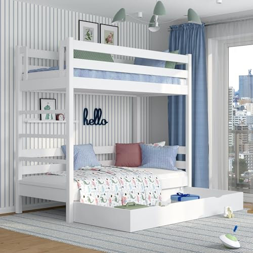 N-wood N03 Letto a castello con Cassetto 90x200, 100% Legno massello, Letto a soppalco per bambini e adulti, Scala universale: destra o sinistra, 2 Strutture inclusa, Bordi arrotondati, Bianco