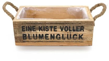 Bubble Store Holzkiste zum Bepflanzen mit Aufdruck Eine Kiste voller Blumenglück, innen mit Folie, Links und rechts Sisal-Schlaufengriff, rechteckig, Holz unbehandelt, Größe ca. 27 x 14 x 10 cm