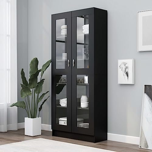 FIRBNUS Vitrinenschrank Schwarz 82,5x30,5x185,5 cm Holzwerkstoff Industrial Sideboard Schmal Mit Türen Holz Und Glas
