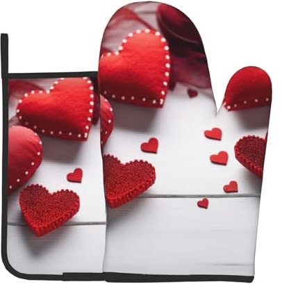 HUHZHZ Set di 2 guanti da cucina fatti a mano con cuori rossi stampati e griglia per padelle