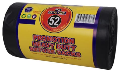 50 Heavy Duty Strong Bin Liner Refuse sacks, 75 Litre Capacity, Perfect Bin Bags for Home, Office, Kitchen, Outdoor, Cateres,Recycled, Leak Resistant