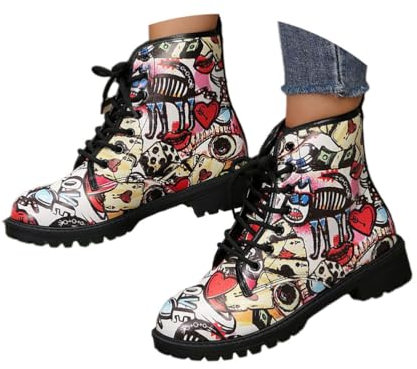 Onsoyours Damen Retro Drucken Stiefeletten Kurze Stiefel Gothic Chelsea Boot Punk Stiefeletten Biker Boot Knöchel Stiefel mit Blockabsatz Westernstiefel Ankle Boots A Rot 40 EU