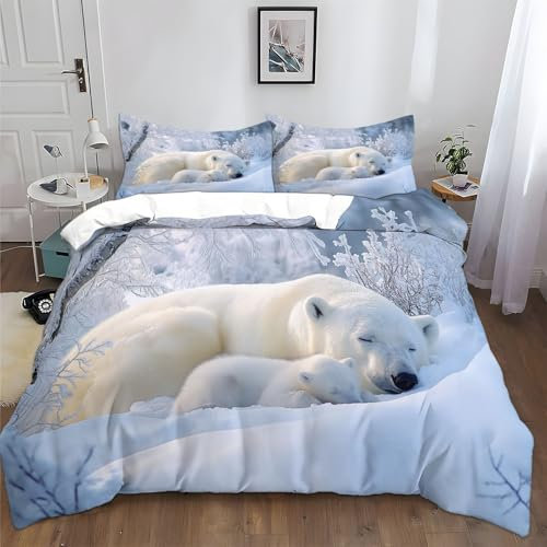 Tier Eisbär Bettbezug 155x220 cm für Kinder Weiß Bettwäsche Jungen Mädchen Weich Atmungsaktiv Microfaser Betten Set mit Reißverschluss