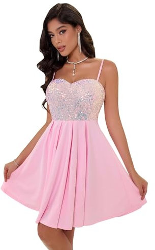 Angel-fashions Femme Robe de soirée élégante Rose à Sequins décolleté en cœur Robe d'invitée de Mariage Coupe évasée Courte pour Bal de Promo Size 44