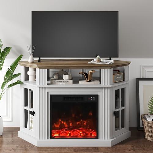 YESHOMY Corner Fireplace TV Stand for Television up to 55 with Storage Cabinets, Entertainment Center, Media Console for Living Room, Bedroom, White&Rustic