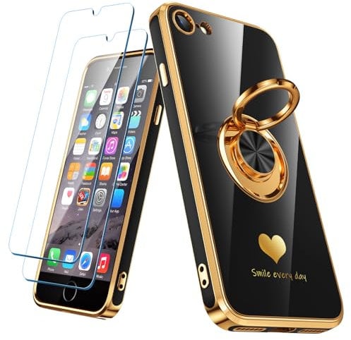 Nonional Compatible for iPhone 6 / 6s Case with 2 Pack Screen Protector, 360° Rotatable Ring Holder [Luxury Hearts Pattern] Plating Gold Edge Slim Soft Phone Case for iPhone 6 / 6s - Black