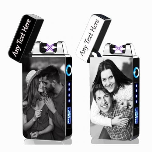Personalised Plasma Electric Arc Lighter USB Rechargeable with Custom Photo & Text Gift for Father's Day,Valentine's Day,Mens (Black & Silver) (Black, Photo & Text Front Only)