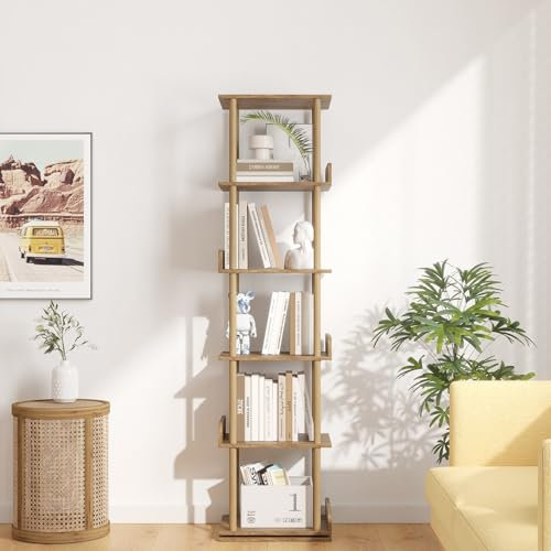 GERYMU Drehbares Bücherregal, 6 Ebenen Bodenstehendes Bücherregal Drehbar 360°Drehregal für Kinder und Erwachsene, Multifunktionales Standregal für Schlafzimmer, Wohnzimmer, Rustikales Braun