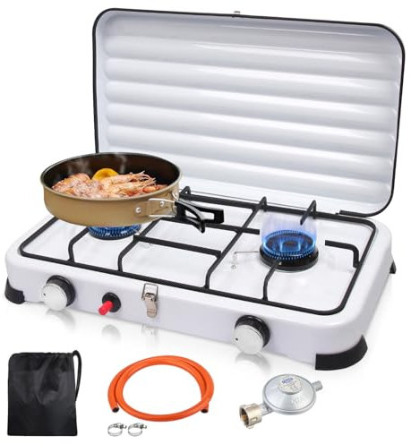 Réchaud à gaz GPL 2,2 kW pour camping avec couvercle, allumage automatique, tuyau et régulateur de pression de gaz de 50 mbar, plaque de cuisson portable avec sac de transport pour les activités de