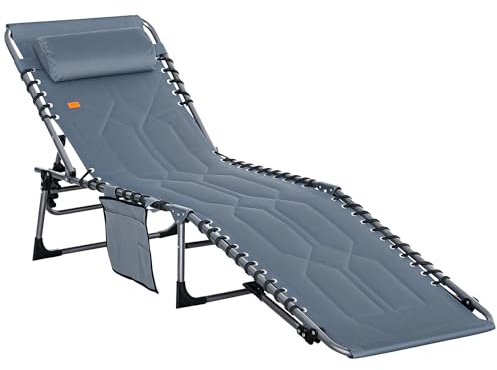 Outsunny Sonnenliege, klappbar Gartenliege mit Kopfkissen, Seitentasche, Liegestuhl mit 5-Fach verstellbare Rückenlehne, wetterfeste Campingliege bis 130 kg belastbar, für Garten Strand Pool, Grau
