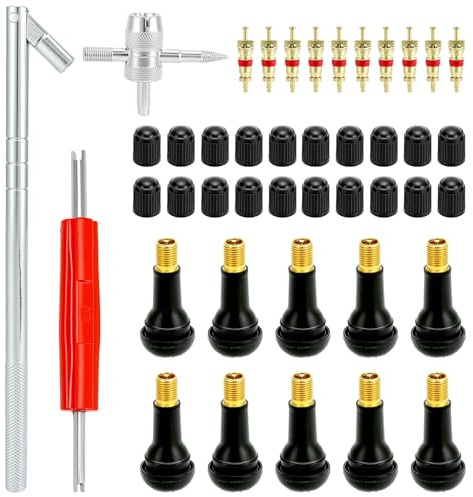 QWORK® 33 Piezas Juego de Herramientas para válvulas de neumáticos con válvula de Goma TR413 y núcleo de válvula de Cobre para Coches, Camiones, Bicicletas y Motocicletas.