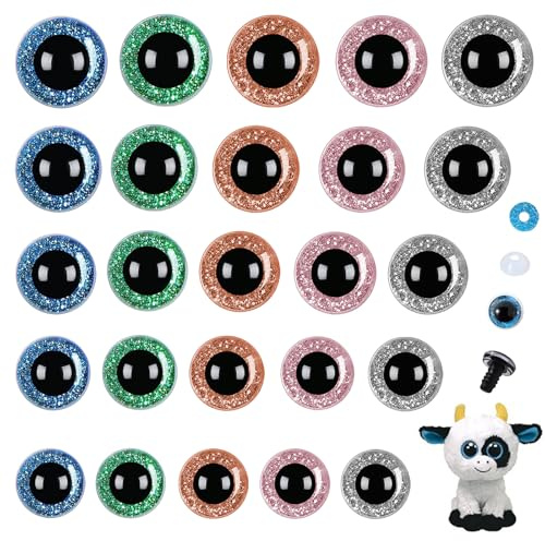 KASESSS 50 Piezas Ojos Manualidades, 12-20mm Ojos de Seguridad para Amigurumi, Ojos Amigurumi, Color Ojos Manualidades con Juntas, Glitter Ojos para Crochet Animales para Manualidades, Muñecas