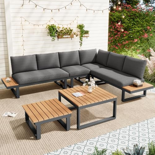 Gartenmöbel Set, Balkonmöbel mit Sofa und Zwei Couchtisch, Ecksofa mit Verstellbarer Neigungsfunktion (5-stufig, bis 55°), Lounge Möbel Outdoor mit Cushion, Verzinkte Stahlrohre (Zwei Couchtischen)