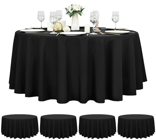 Pesonlook 4er-Set Runde Tischdecke Schwarz, Durchmesser 305 cm, Polyester-Tischtuch Rund Waschbar, Wasserabweisend und Fleckenabweisend, Stofftischdecke für Hochzeit, Bankett, Party, Buffet