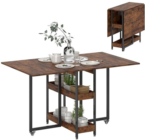 HOMCOM Esstisch Klappbar Küchentisch für 2-4 Personen mit 2 Offenen Ablagen, Esszimmertisch Klapptisch mit Rollen für Kleine Räume, Esszimmer, Küche 133,4 x 80 x 75 cm Rustikal-Braun