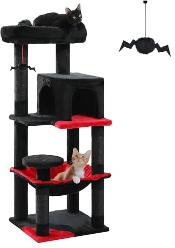 PAWZ Road Kratzbaum 116cm, stabil für große Katzen Schwarz | Kratzbaum 116cm, stabil mit dicker Bodenplatte, Plüsch-Hängematte, 6 Ebenen, Sisal-Kratzpfosten, 2-türiges Katzenhaus