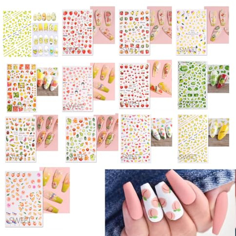 TSUOUKL 13pcs Nagelsticker Sommer Frucht Blatt Nail Art Sticker Selbstklebend Nagelaufkleber Zitronen Dekoration Nageldesign Zubehör