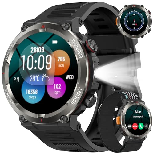 Baolubao Military Smart Watch for Men(Answer/Make Calls),Outdoor Smartwatch with 100 Days Battery/LED Flashlight/Compass/Heart Rate/SpO2/Sleep Monitor, Waterproof Fitness Watch for iPhone/Android