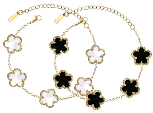 LLMSIX 2pcs Gold Plated Clover Bracelets for Women, Adjustable Four Leaf Clover Bracelet, Lucky Flower Bracelet for Women Birthdays Gifts Daily Wear Decoration