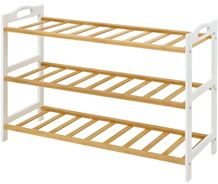 Relaxdays Schuhregal, HBT: 48 x 70 x 25 cm, Bambus, 3 Ebenen, für 9 Paar Schuhe, Schuhständer Gitterablagen, braun/weiß