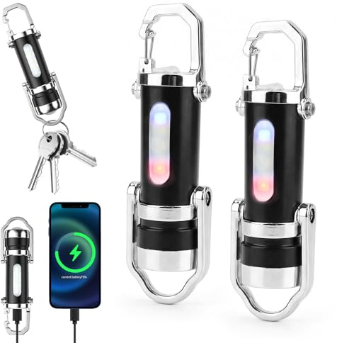 2Pcs Mini Keychain Flashlight Rechargeable, 1200lm Super Bright Mini Keychain Retractable Zoom Flashlight Power Bank, Waterproof LED Key Ring Torch for Outdoor Activities, Hiking, Camping, Emergency
