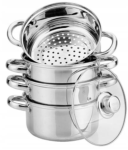 ZILNER Dampfgarer Set 5-teilig, 24 cm, 3x Dämpfeinsatz & Glasdeckel | Dampftopf für gesundes Dünsten, für alle Herdarten, Edelstahl Topf Set, Dämpfen & Kochen auf mehreren Ebenen