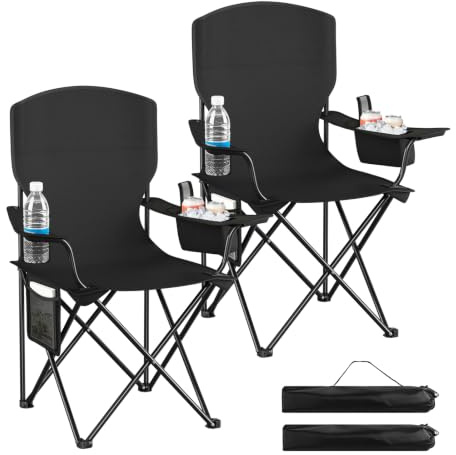 WOLTU Campingstuhl 2er Set faltbar, mit Seitentasche und Kühltasche | Angelstuhl mit Getränkehalter, bis 130 kg Belastbar, für Camping Angeln Picknicks Strand, Schwarz