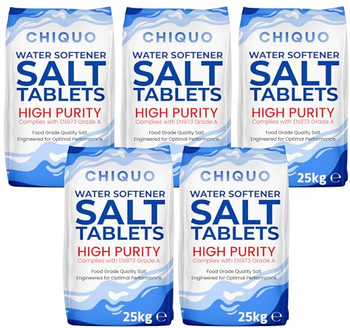 Chiquo Water Softener Salt Tablets 25kg (Pack of 5) - Food Grade High Purity Salt Tablets - EN973 Grade A - Compatible with All Water Softener Machines - Helps Reduce Limescale Build-Up