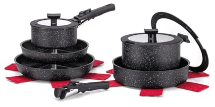 Moneta Magnolia Minispace Set Pentole Induzione 8 Pezzi con Manici Removibili, Padelle Antiaderenti 24 28 cm Skillet 26 cm Casseruole 16 20 cm Coperchi Vetro e Protezioni in Feltro