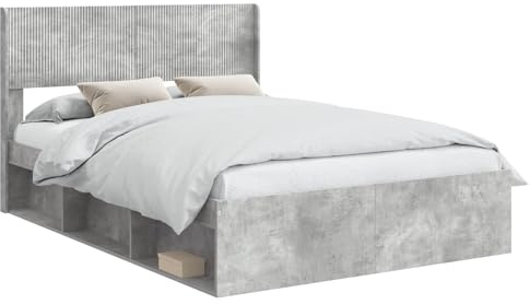 vidaXL Bettgestell mit Stauraum und Kopfteil Betongrau 120 x 190 cm, Moderne Bettgestell, rechteckig, Stauraum, Latten-Design, praktische Möbel für Dein Schlafzimmer