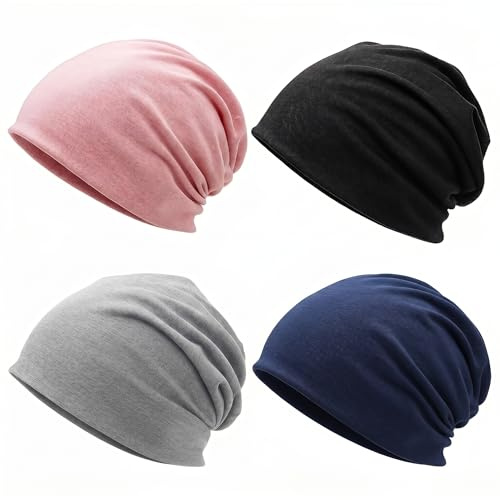 Mütze Damen, 4 Stück Chemo Kopfbedeckung Damen, Beanie Damen Chemo(26×24cm) | Mütze Damen Geeignet für Schlaf und Alltag(Schwarz, Hellgrau, Rosa, Marineblau)