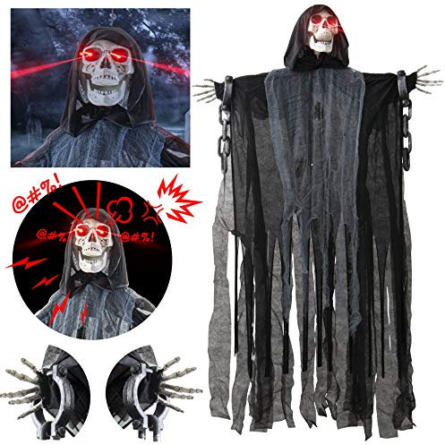 Prextex Animated Hanging Grim Reaper Life Size Skeleton w/Chains | Outdoor Motion Activated Halloween Decor - Garden Decor & Halloween Tree (150cm / 5ft)