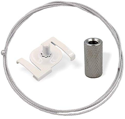 Abhängeset mit Deckenclip, Rasterdecken Clip, Klammern für Odenwalddecke weiß ohne Drahtseilhalter/Gripper | Deckenbefestiger, Schraubkappe, Deckenclip, Drahtseil Ø1,5mm, Länge 50000mm
