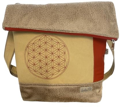 Leolini Foldover Tasche Blume des Lebens Lebensblume BEIGE Stickerei Foldovertasche handmade