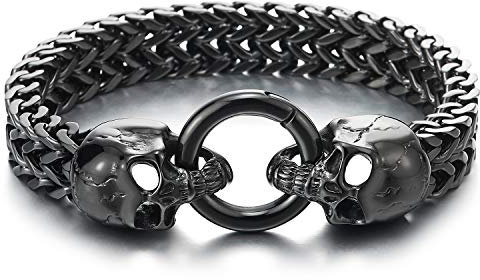 COOLSTEELANDBEYOND Gotik Biker Herren Schädel Franco Link Panzerkette Armband aus Schwarz Edelstahl mit Federringverschluss