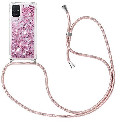 MXKOCO Handykette kompatibel mit Samsung Galaxy A71 Glitzer Flüssig Bewegende Treibsand Hülle mit Band Umhängetaschen+Hüllen mit Umhängeband Handykordel mit Schutzhülle Stylische Kette mit Hülle