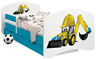 Happy Babies - Doppelseitiges KINDERBETT MIT SCHUBLADE Modernes Design mit sicheren Kanten und Absturzsicherung Schaumstoffmatratze 7 cm Blau (Bagger, 140x70)