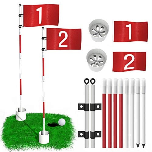 THIODOON 2 Pack Golf Flag Golf Holes and Flags for Garden Indoor Yard Putting Green Golf Hole Cup and Flag for Putting Practice Upgrade Anti-Rust Glass Fiber 5-Section Design with Connectors