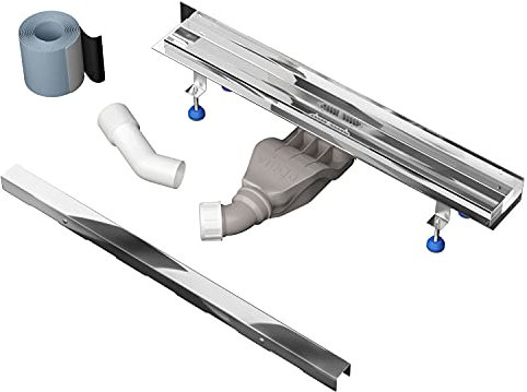 Aquabad Hochglanz Edelstahl Duschrinne mit Wandaufkantung - Slim Wall Premium, Länge 60 cm, Komplett Set inkl. Abdeckung Bord, Siphon und Haarsieb