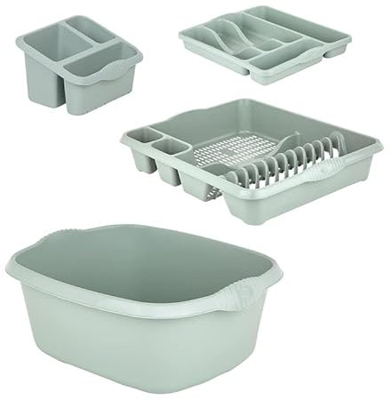 JMS we create smile [𝐒𝐞𝐭 𝐨𝐟 𝟒] Plastic Dish Drainer with Sink Tidy, Washing Up Bowl & Cutlery Tray-Home/kitchen Accessories (Silver Sage)