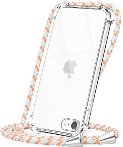 CAROKI Crossbody Case for iPhone SE 3 2022/SE2/7/8,Necklace Mobile Phone Cover with Cord Strap for iPhone SE3 Clear Soft iPhone SE 2022 Cover Holder with Neck Cord Lanyard Strap-Orange Blue