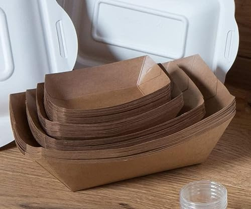 MAQA 250 pz Vassoi di cartone per alimenti, barchette finger food rettangolari, vassoio carta kraft riciclabile 11.5x8x3 cm/1