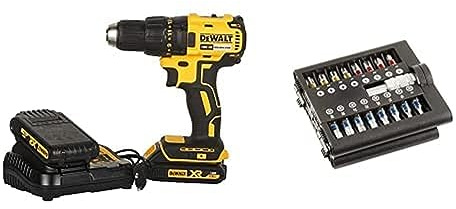 Dewalt Akku-Bohrschrauber (18V, 1.5 Ah, bürstenlos, mit Zwei-Gang-Vollmetallgetriebe, 15 Drehmomentstufen, inkl. zwei Akkus, System-Schnellladegerät und Tstak-Box) inkl. Bit-Set mit Bithalter