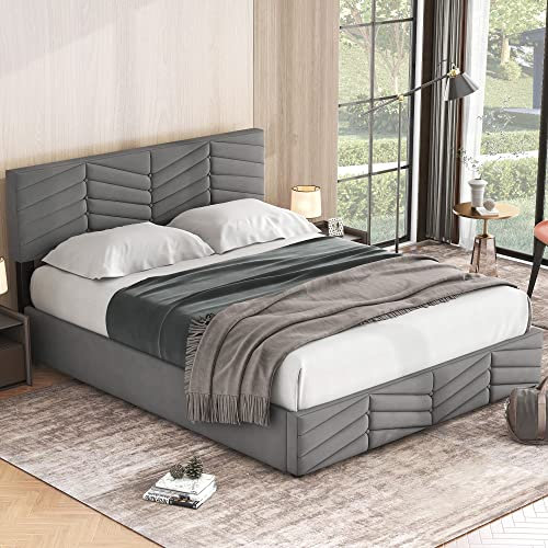 Azkoeesy Polsterbett mit Stauraum und Bettkasten, hydraulisches Doppelbett Jugendbett mit Kopfteil und Lattenrost, Streifendesign, Bequeme Schlafzimmermöbel, Samt-Bezug, 140 x 200 cm, Grau